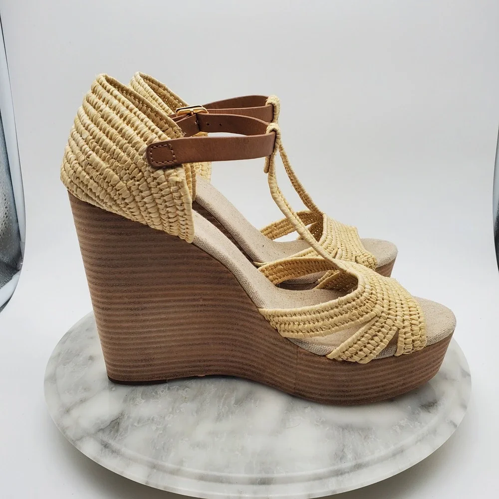 Tory Burch Carina Macrame Straw Wedge Sandals Royal Tan Leather T-Strap US 9.5M